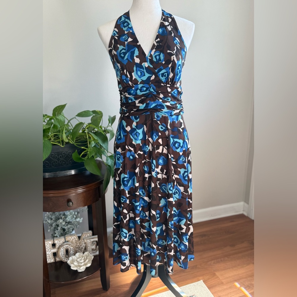 Donna Morgan Blue & Brown Ruched Halter Dress, size 10
